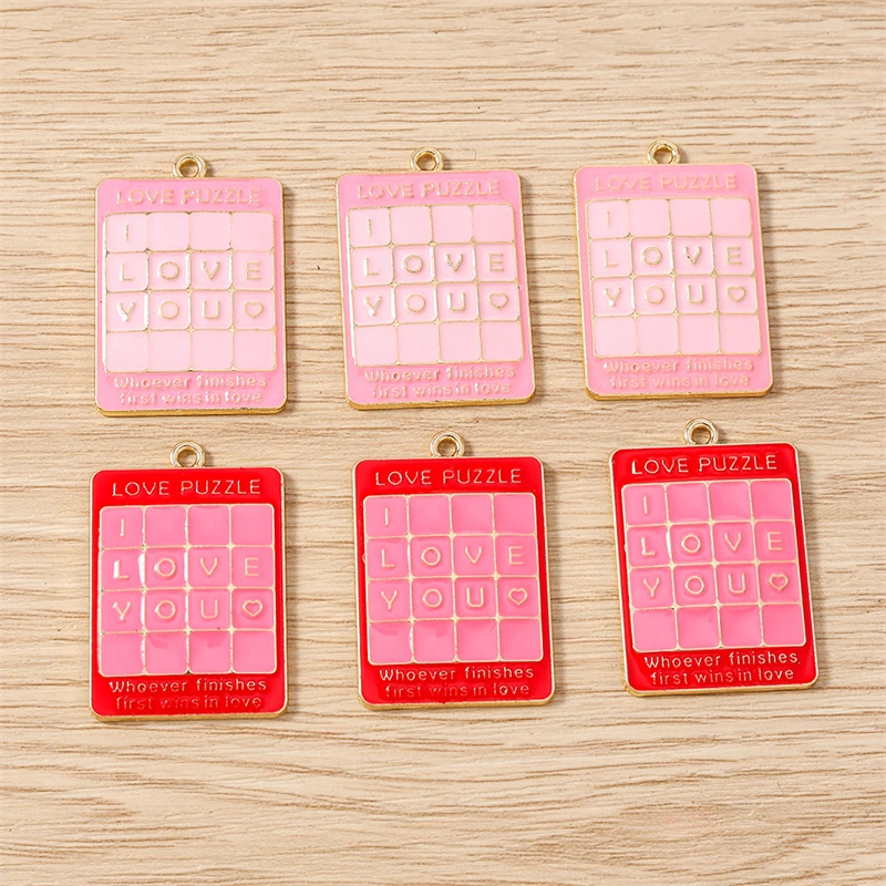 10 Stück 23 x 33 mm niedliche Emaille-Liebesherz-Buchstaben-Quadrat-Charms-Anhänger für Schmuckherstellung, Halskette, Ohrringe, Valentinstagsgeschenke – Detail 2