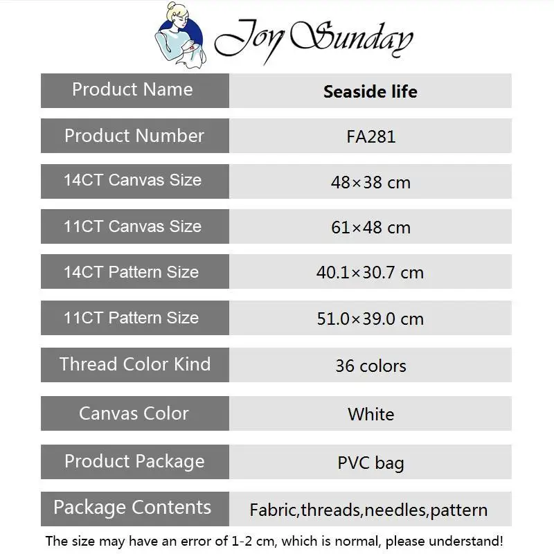 Joy Sunday Seaside Living Scenery Cross Stitch Kit DIY Hand Embroidery 14CT 11CT White Canvas Print Fabric Sewing Set Home Decor