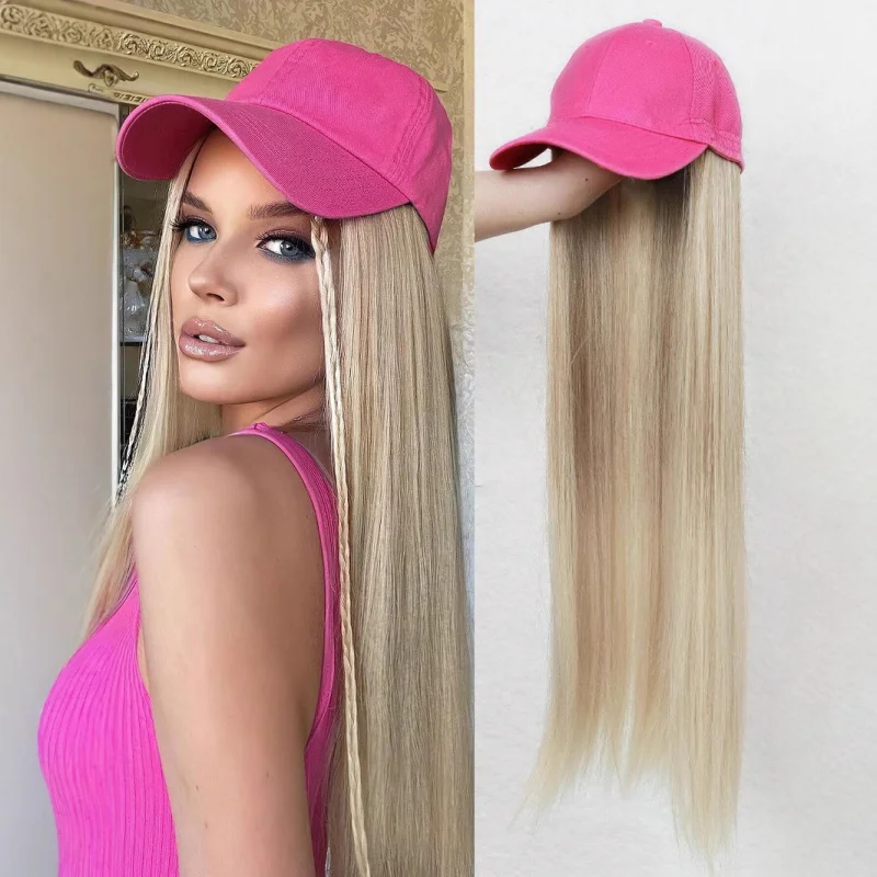 1 pc Woman rose red Baseball cap wig hat with long straight hair extensions high-temperature synthe fashion women wigs caps