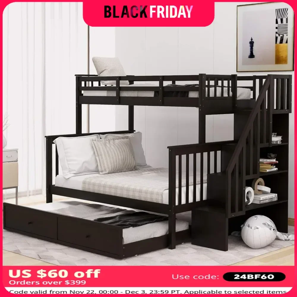 Twin Over Full Bunk Bed, with Twin Size Trundle, with Stairway, Storage and Guard Rail for Kids, Wooden Bunk Bed