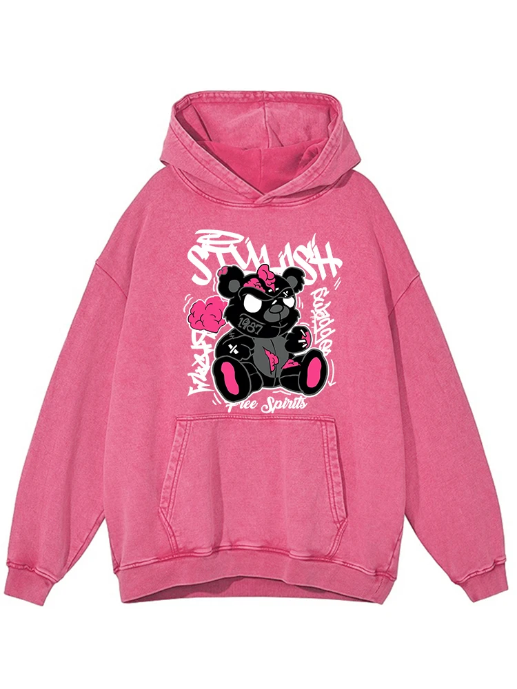 Cute Graffiti Cartoon Bear Print Women'S Cotton Washed Distressed Hoody Fashion Comfortable Hoodie Autumn Versatile Tops Female