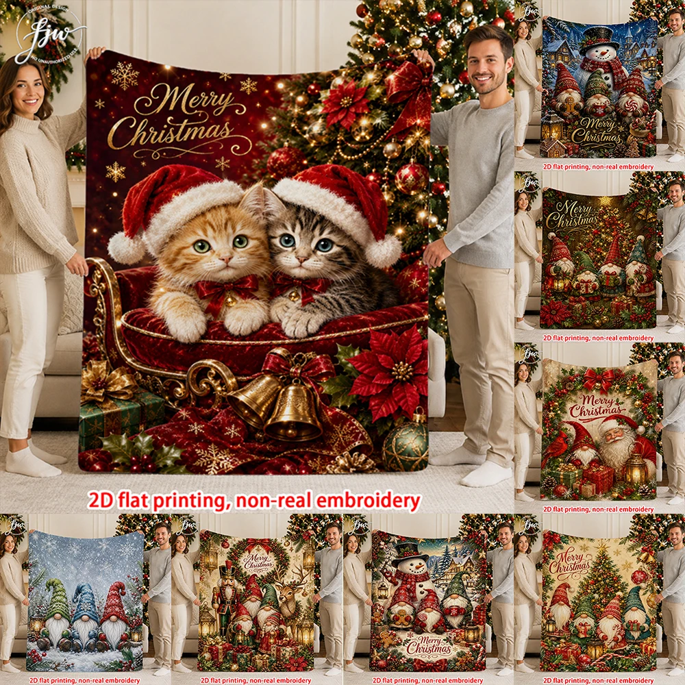 1pcs Christmas Cute Cats & Festive Gnome Santa Snowman Printed Flannel Throw Blanket Winter Holiday Xmas Gift Home Decor
