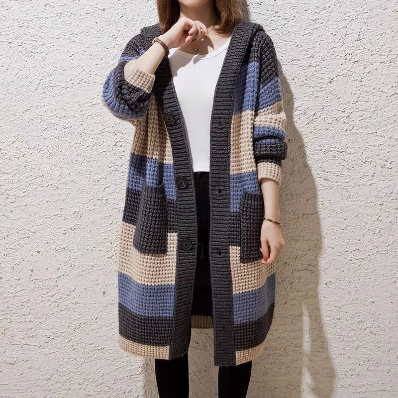 

Loose Thick Wool Mid-length Hooded Thick Knitted Cardigan for Women 2025 Autumn Winter New Sweater Jacket