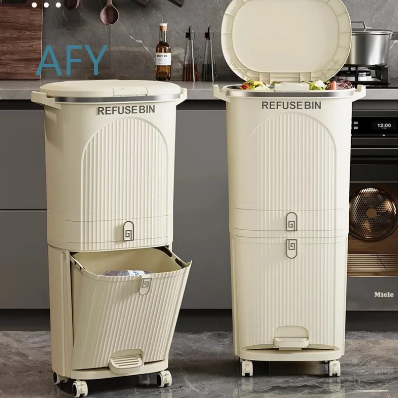 2 Compartment Trash Bin for Dry Wet Separation 12L Kitchen Pedal Can Stainless Steel Lid Odor Proof Universal Castors Wheels