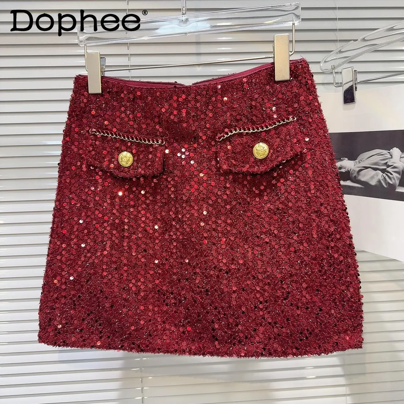 Mini jupe en tweed avec perles en métal pour femmes, jupe courte en forme de A, optique, célébrité, tempérament, nouveau, automne, hiver