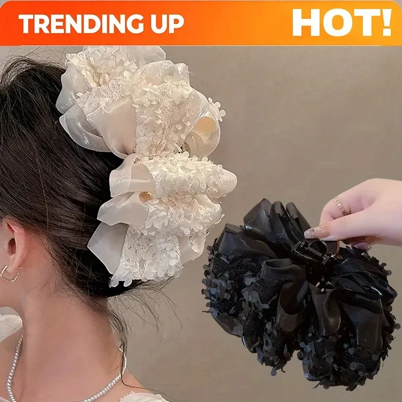 Customization Summer 1pc Women's Elegant Lace Trim Large Multi-Layer Bow Claw Clip Hair Accessory, Fashionable High-End Feel Bac