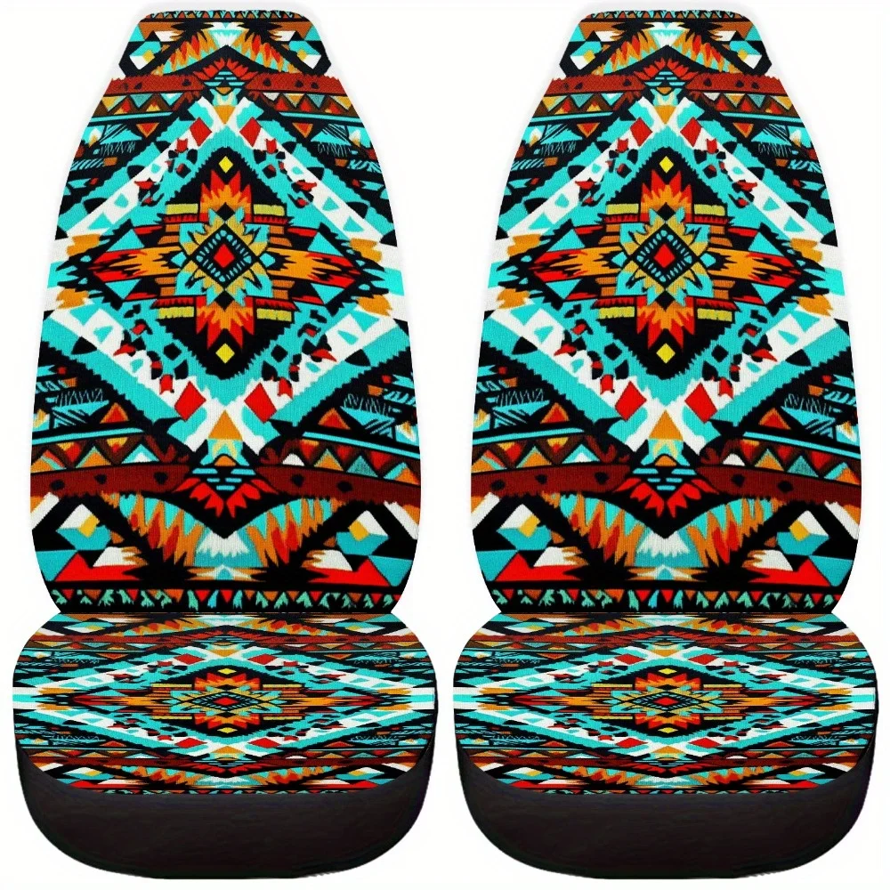 2pcs Bohemian Style Car Seat Covers For Women & Men - Vibrant Turquoise, Orange, Red, Brown, Green, Yellow, Pink, Purple, Teal,