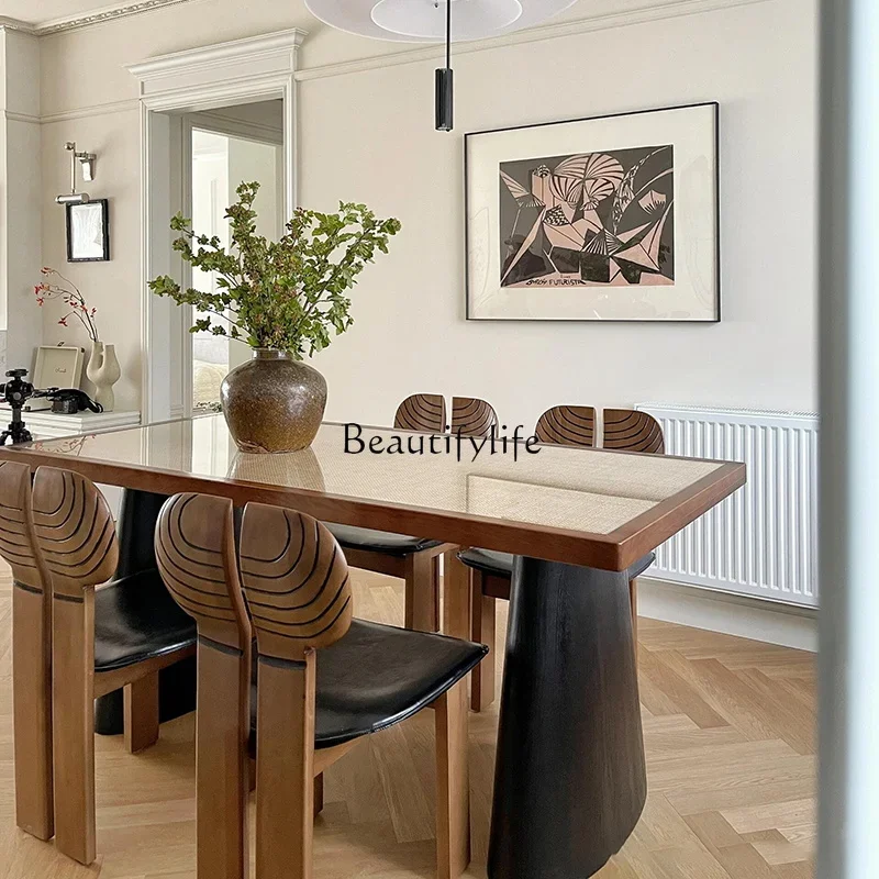 French Vintage Solid Wood Dining Table Rectangular Retro Black Rattan Surface Glass Workbench