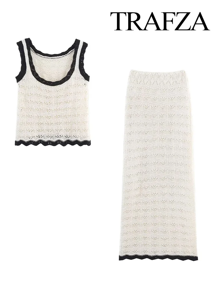 

TRAFZA Women's Fashion Knitted Skirts Set Solid Round Neck Sleeveless Top+Summer Chic High Waist Hollow Elastic Waist Midi Skirt