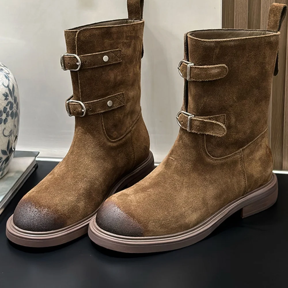 

Замшевые ботильоны с металлической пряжкой и ремнем, пикантные современные ботинки с круглым носком и квадратным каблуком, смешанные цвета, новые модные женские современные ботинки
