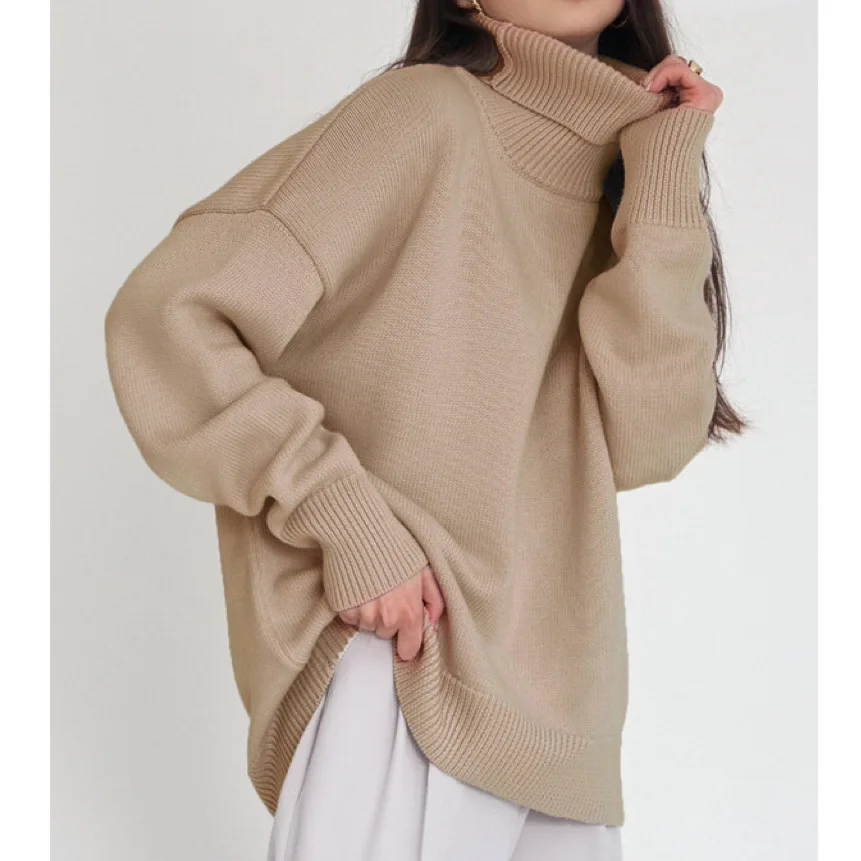 Classic Pure Color High Collar Loose Knitted Sweater Women's Fashion Straight Cut mid Weight Lamb Velvet Autumn Winter Sweater