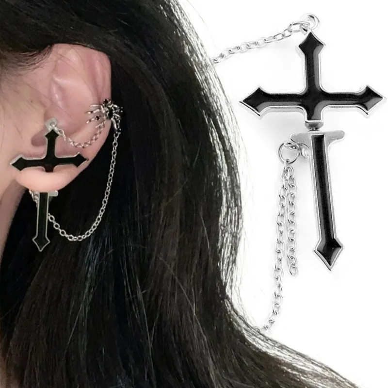 Y2K Cross Earrings Chain Piercing Spicy Girl Dark Jewelry Ear Studs Trendy Hip Hop Party Festival Accessory Women Girls Gifts