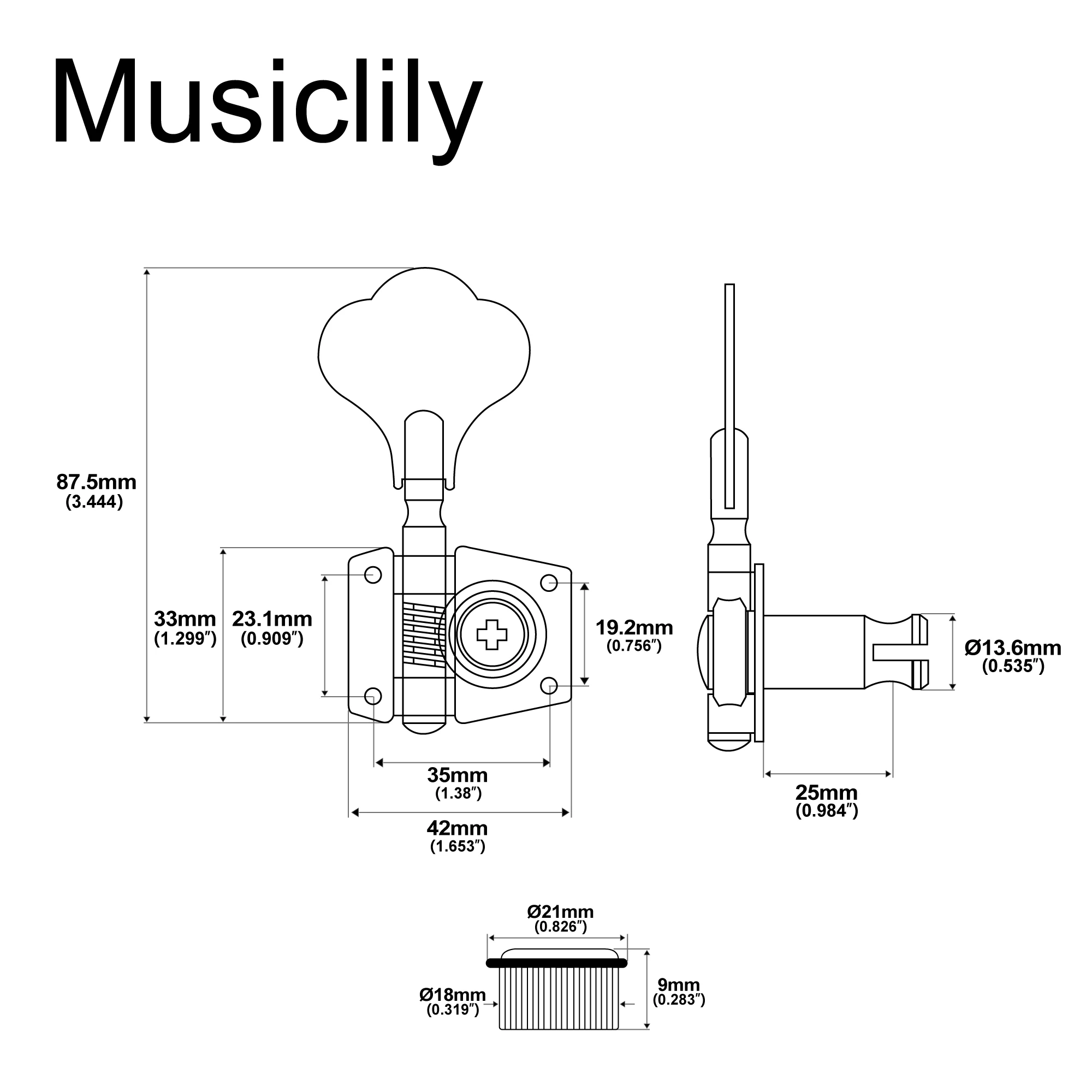 Musiclily Basic 1R/1L Single 24:1 Ratio Open Gear Machine Head Tuner Tuning Peg Key with Clover Button for Ibanez Electric Bass