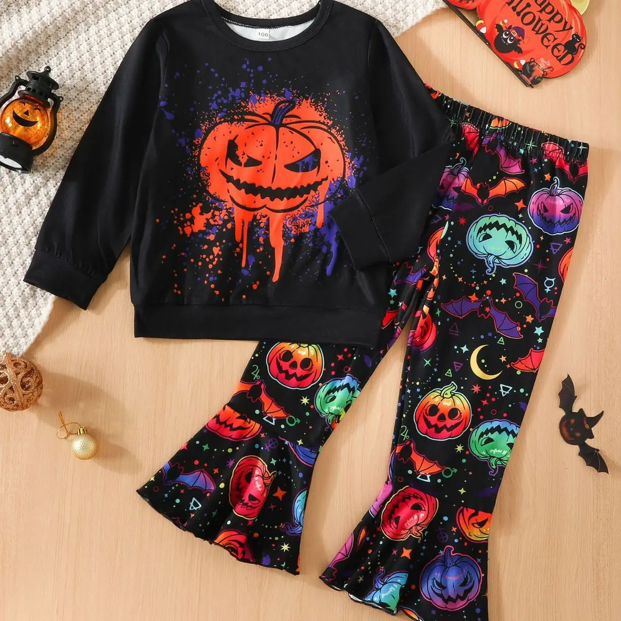 

2023 Halloween Pumpkin Suit Set Girls Long Sleeve Top and Flared Pants Carnival Outfits Crewneck Sweatshirt Halloween Costumes