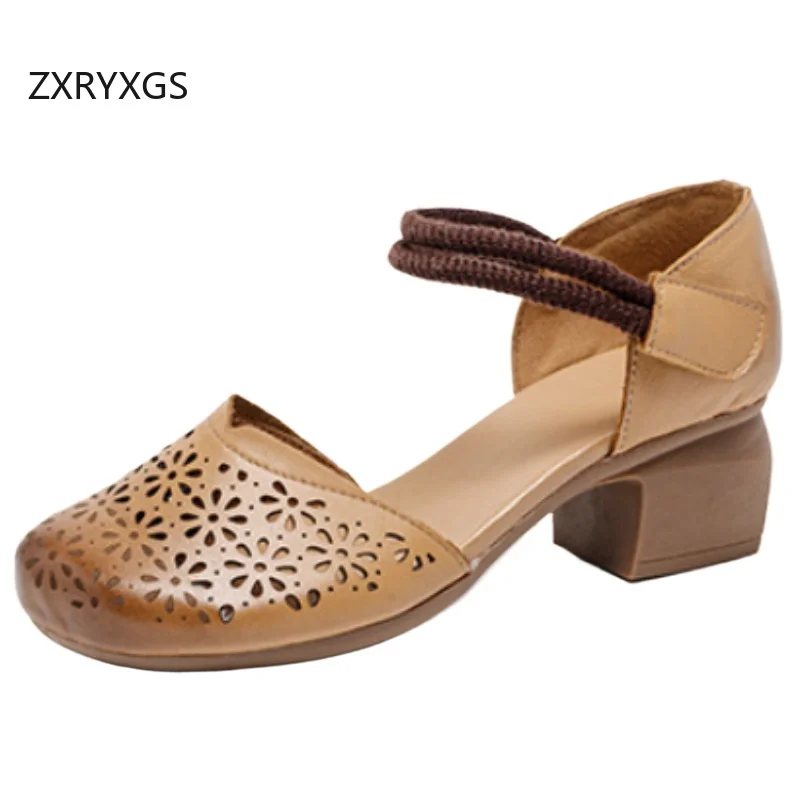 

ZXRYXGS Retro Style Round Toe Hollow Premium Genuine Leather Sandals 2026 New Summer Thick Mid Heeled Sandals Women Sandal Shoes