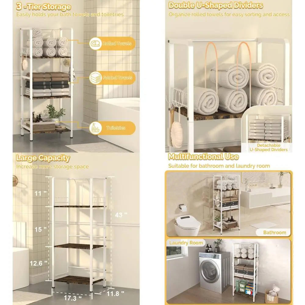 

3-Tier U-Shaped Detachable Divider Towel Rack, Floor Standing Storage Organizer with Shelf & 8 Hooks, White Metal Bath Accessory