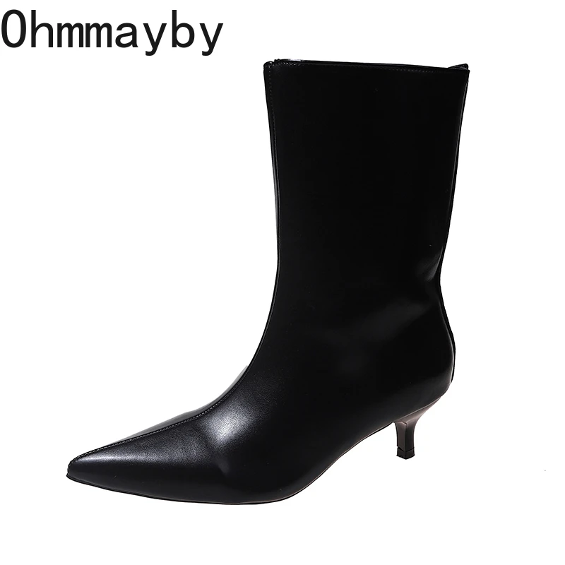 Korean Version Pointed Toe Women Short Boots Fashion Slip On Shoes Autumn Elegant Low Heel Ladies Mid Calf Booties