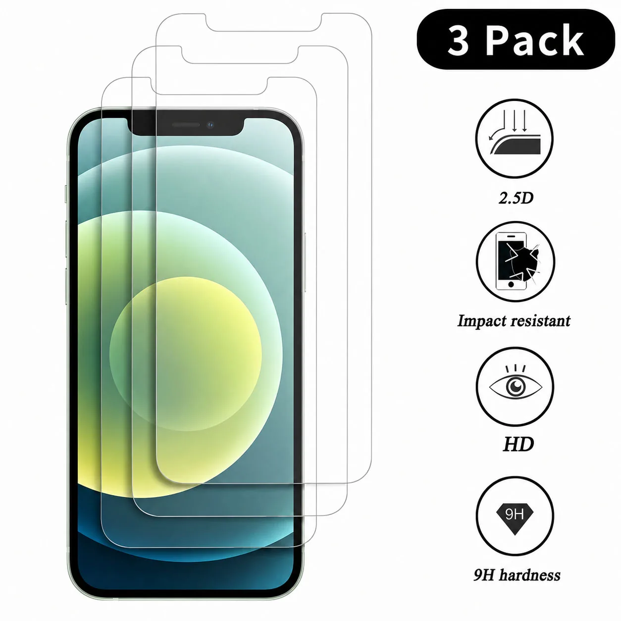 Kit com 3 Películas de Vidro Temperado para iPhone 17, 12, 13, 14, 15 Pro Max e 12 Mini, Protetor de Tela HD Cristal 9H Anti-riscos Compatível com Capas