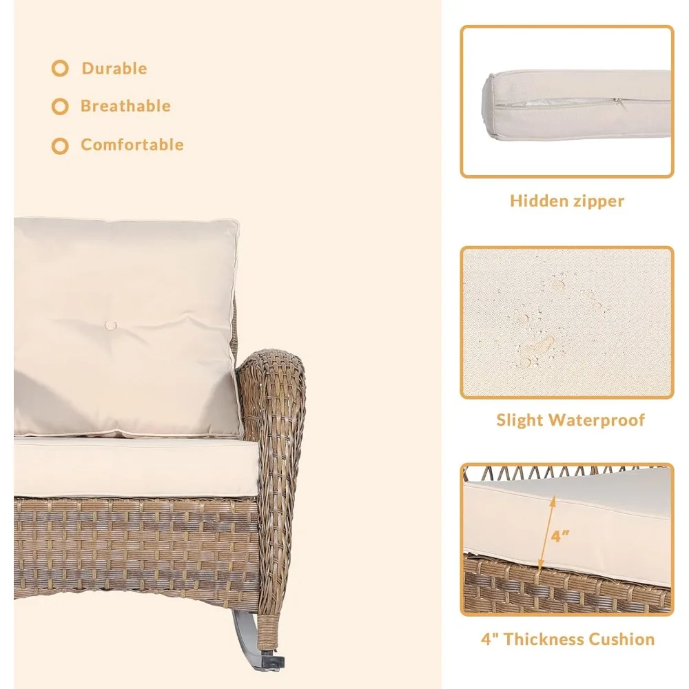 Weather-Resistant Rattan Outdoor Rocking Chairs with Plush Cushions for Backyard Relaxation