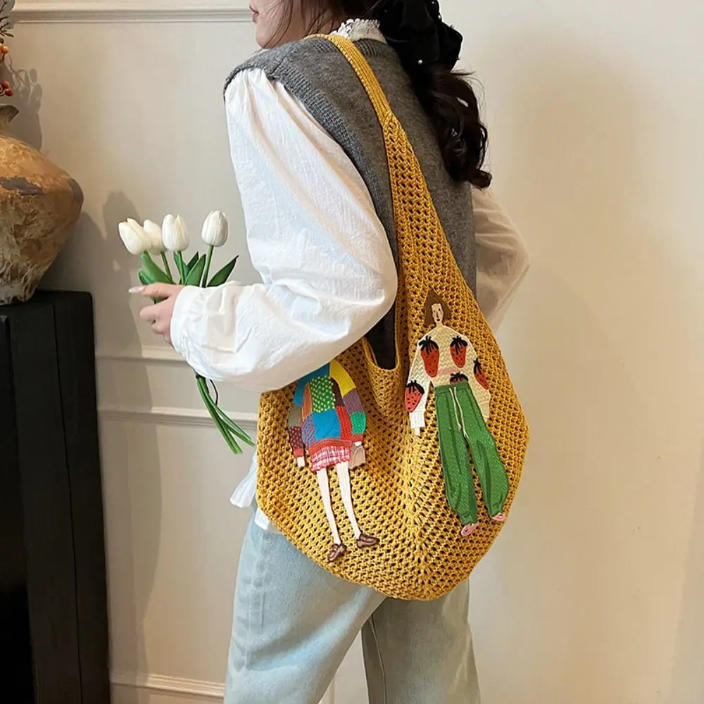 

Simple Sweet Knitted Tote Bag Bohemian Style Embroidery Weave Shoulder Bag Cartoon Underarm Bag Crochet Beach Bag Shopping