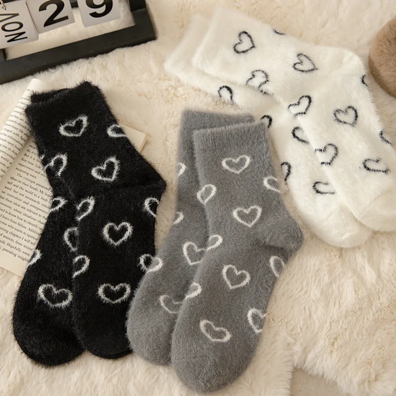 

5 пар женских носков для девочек, комплект японских носков Love Kawaii, осенне-зимние утепленные мягкие носки из меха норки, милые милые носки средней длины