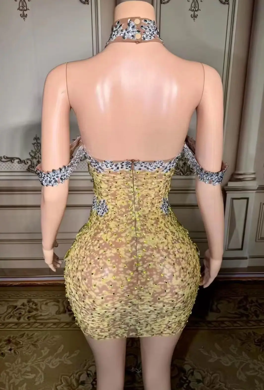 

ZD Mesh Transparent Prom Mini Dress Shinny Women Birthday Celebrate Party STOCK Sparkly Rhinestones Show Stage Wear