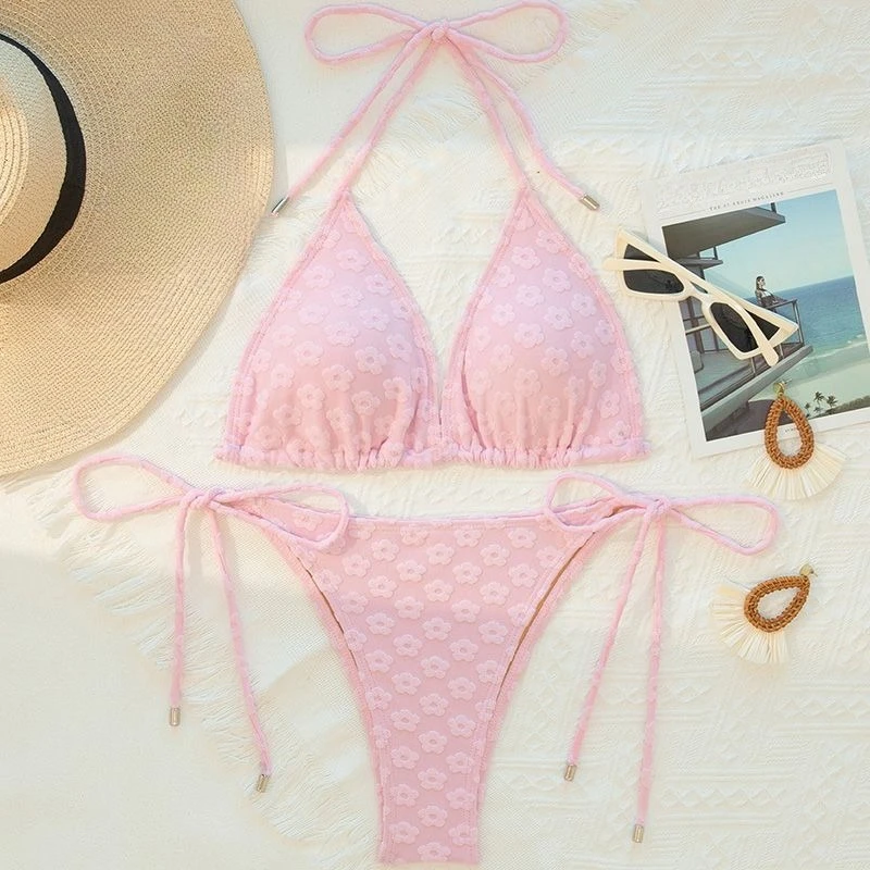 

Women Halter Neck Two Piece Bikini Set 2026 Pink Floral Embossed Print Triangle Top Tie Side Thong Bottom 2026 Summer Swimsuit