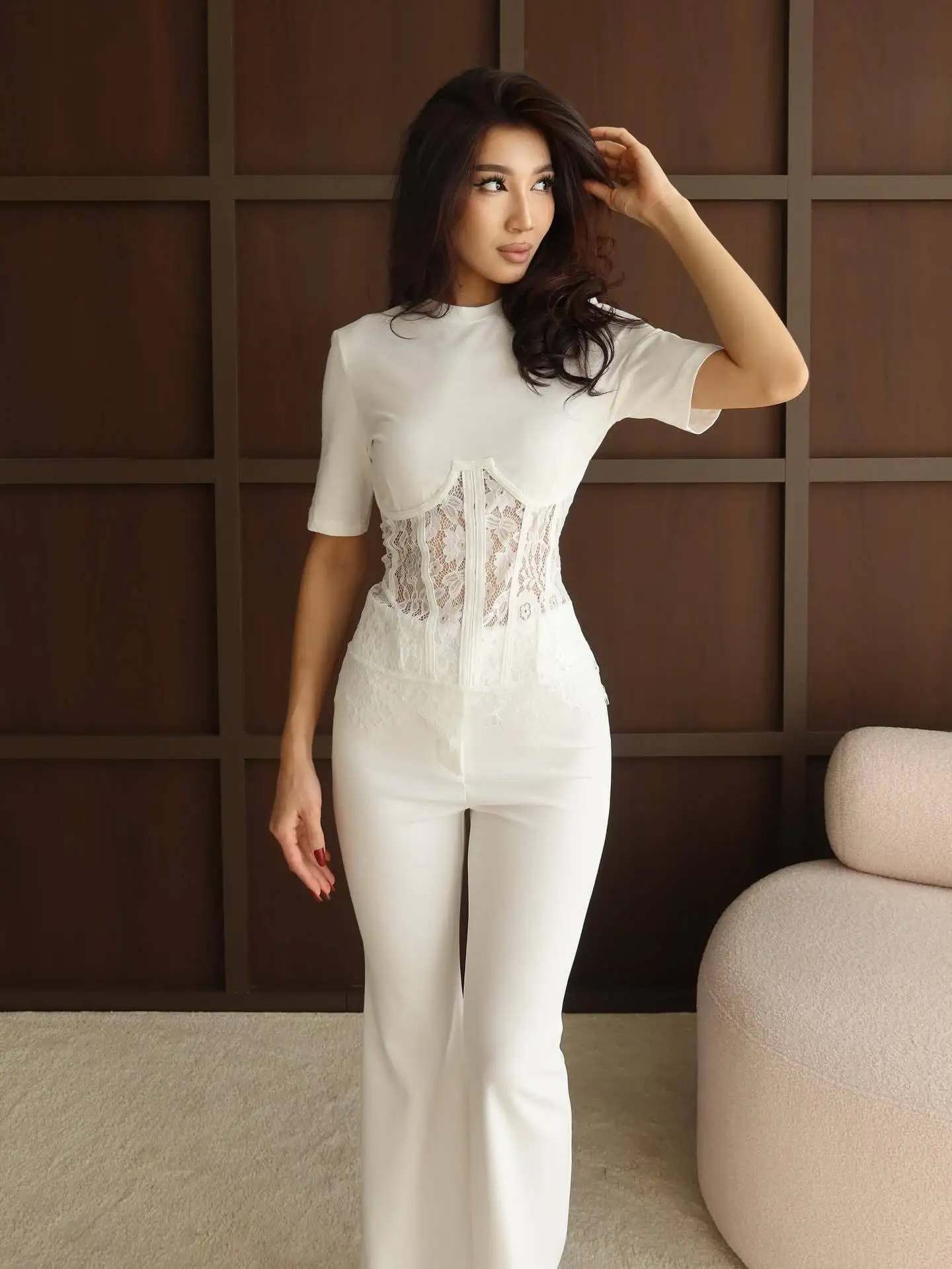 GG Elegant Women's Lace Trim Satin T-Shirt Long Sleeve Tops Self-Tie Waist Modest Blouse Casual Wear Spring Summer Tops