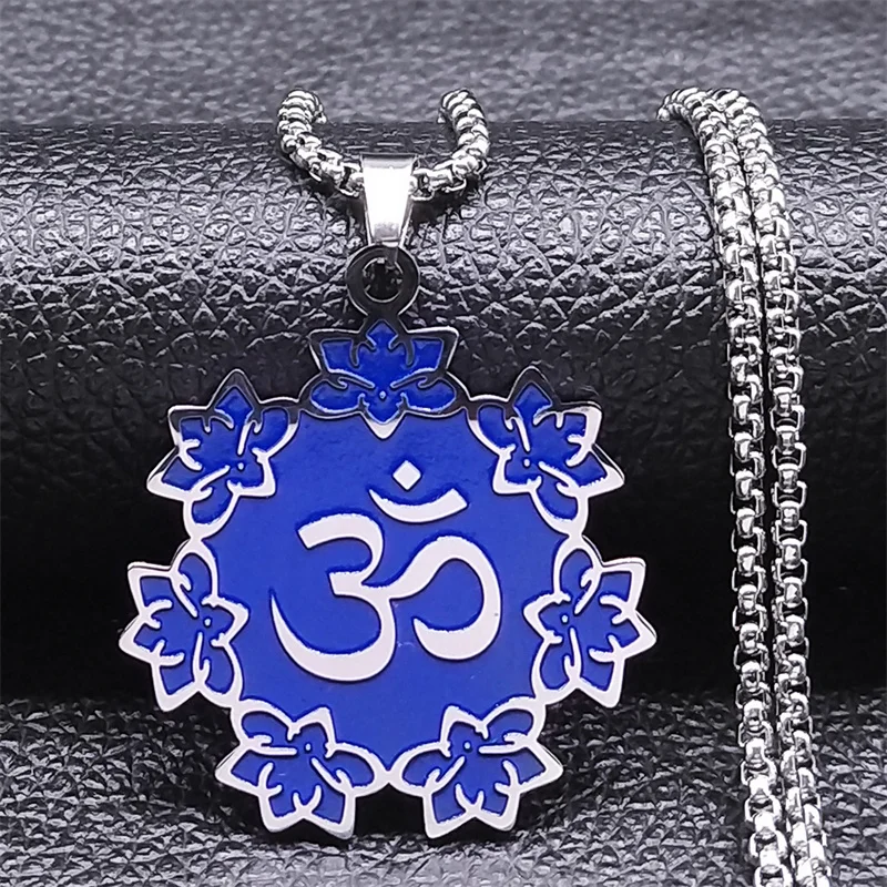 Yoga Lotus Om Symbol Pendant Necklace Stainless Steel Blue Color Flower Chain Necklaces Jewelry collar acero inoxidable N7817S02