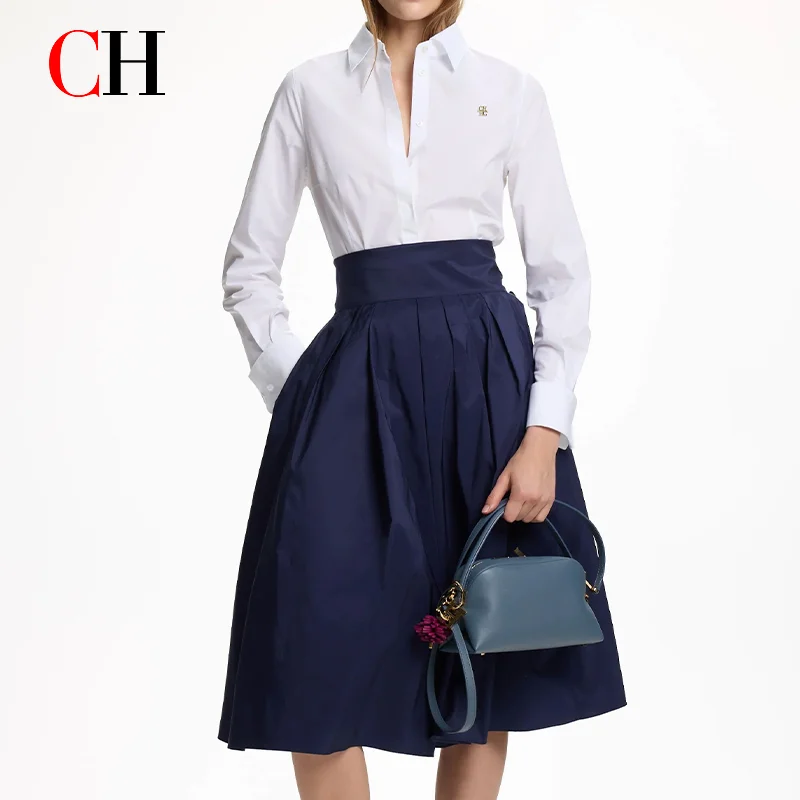 CH Women Elegant White Lapel Shirt Gold CH Logo  Long Sleeve Blouse Formal Office Lady Workwear Slim Fit Basic  Shirts