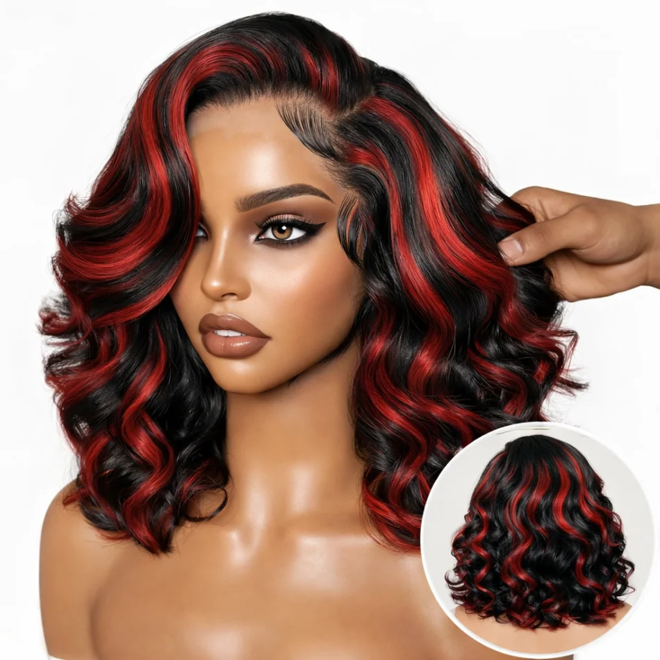 

Upgraded 1B/99J Ombre Black And Red Highlight Body Wave Short Bob Human Hair Wigs 13x4 Lace Frontal Wig Pre Plucked Glueless Wig