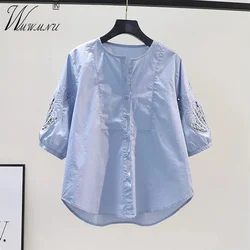 Chic Embroidery Hollow Out Thin Blouses 2023 Summer Loose Half Sleeve Women's shirts Korean Fashion Blue Blusas O-Neck Tops