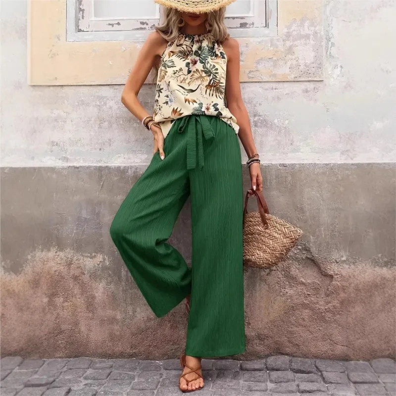 

Boho Floral Print Sleeveless Top Pants 2 Piece Set's Women Outfits For Spring Summer New Sexy O-Neck Vest Pants Set Female