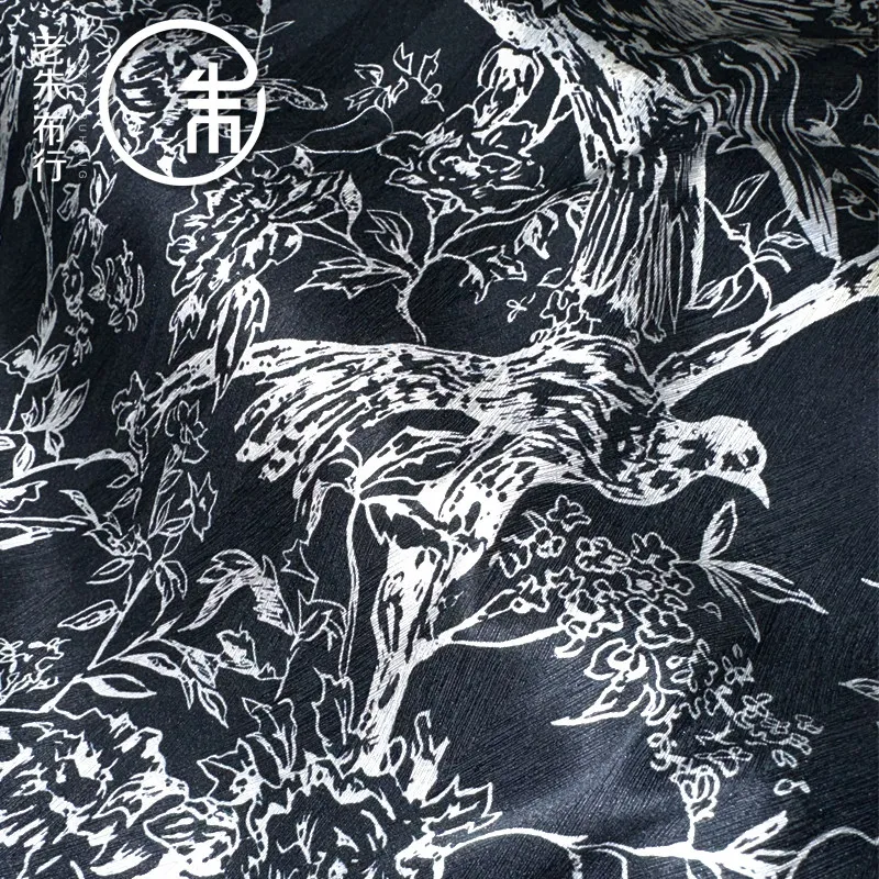 Chinese Style Flowers and Birds Landscape Retro Style Heavy Silk Silk Fabric Cheongsam Dress Drape High-End Fabric