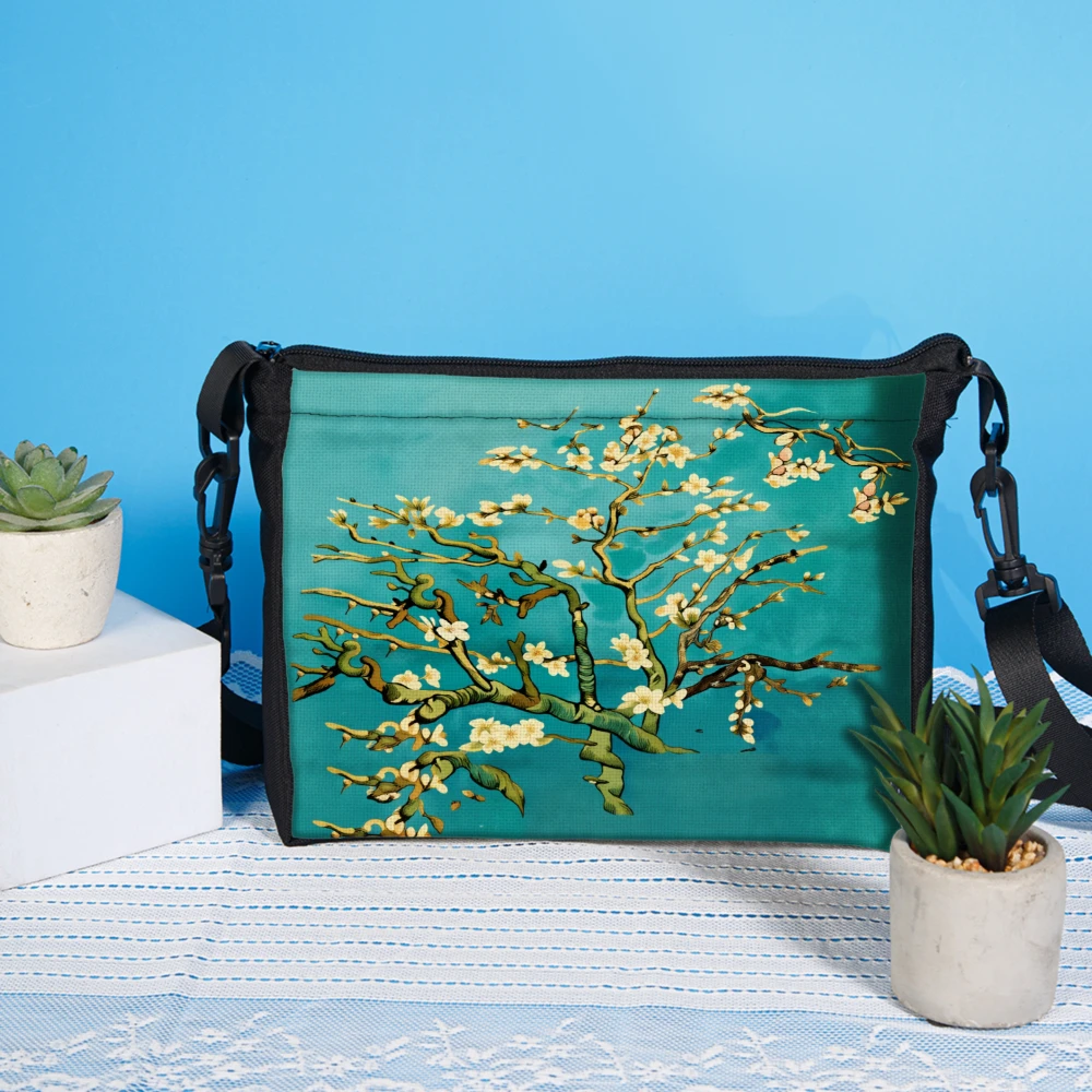 1pc Floral Art Crossbody Bag Turquoise Almond Blossom Print Shoulder Bags For Women Casual Travel Work Daily Use Fashion Accesso