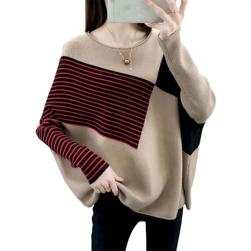 

Fashion Knitted Pullovers Women Spring Autumn Trendy Bat Shirt Short Sweater Coat Loose Blouse Stripe Stitching Design Sweaters