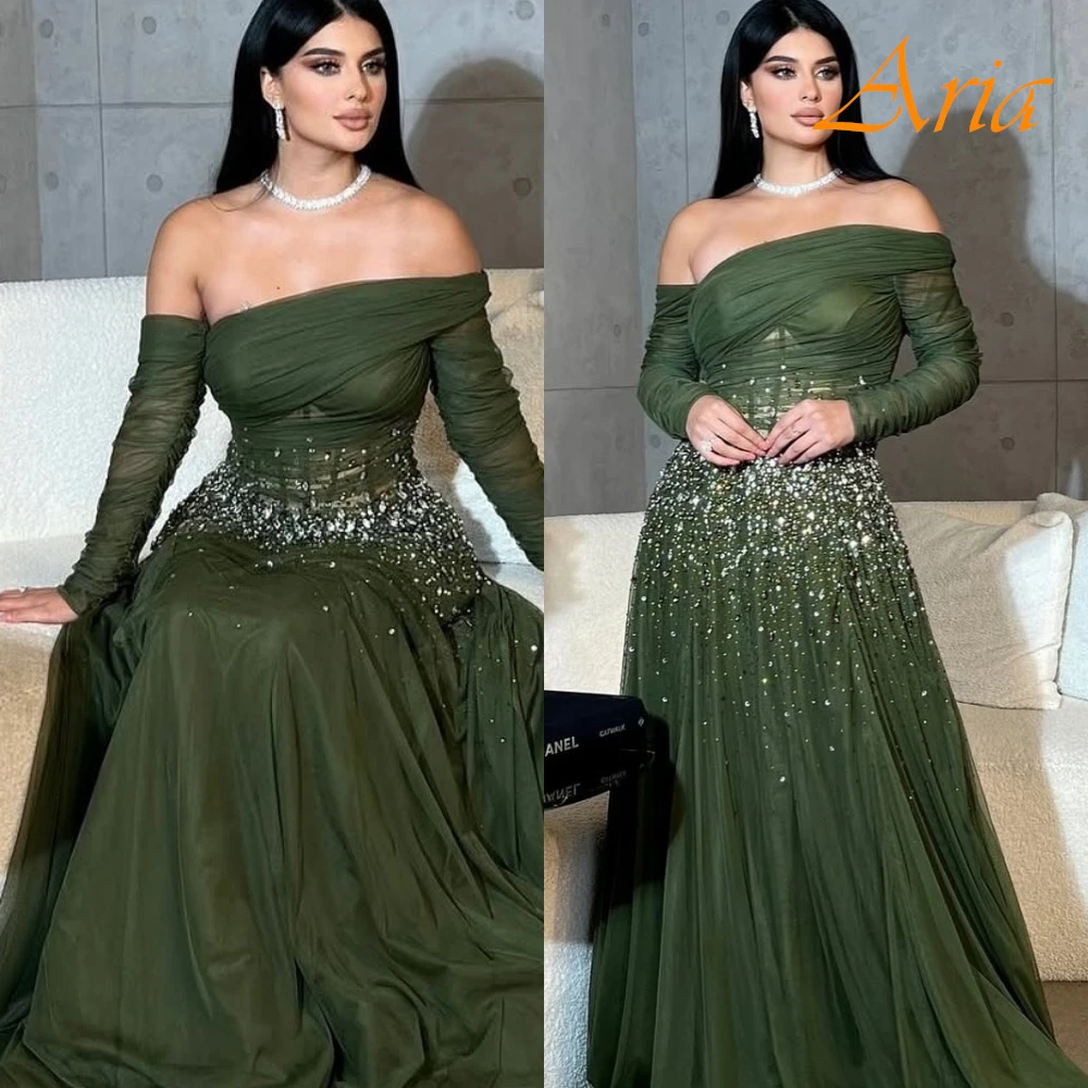 

Customized Exquisite One Shoulder Detachable Sleeve Evening Dress Modern Tulle 3/4 Sleeves Prom Dresses Delicate Party Gowns