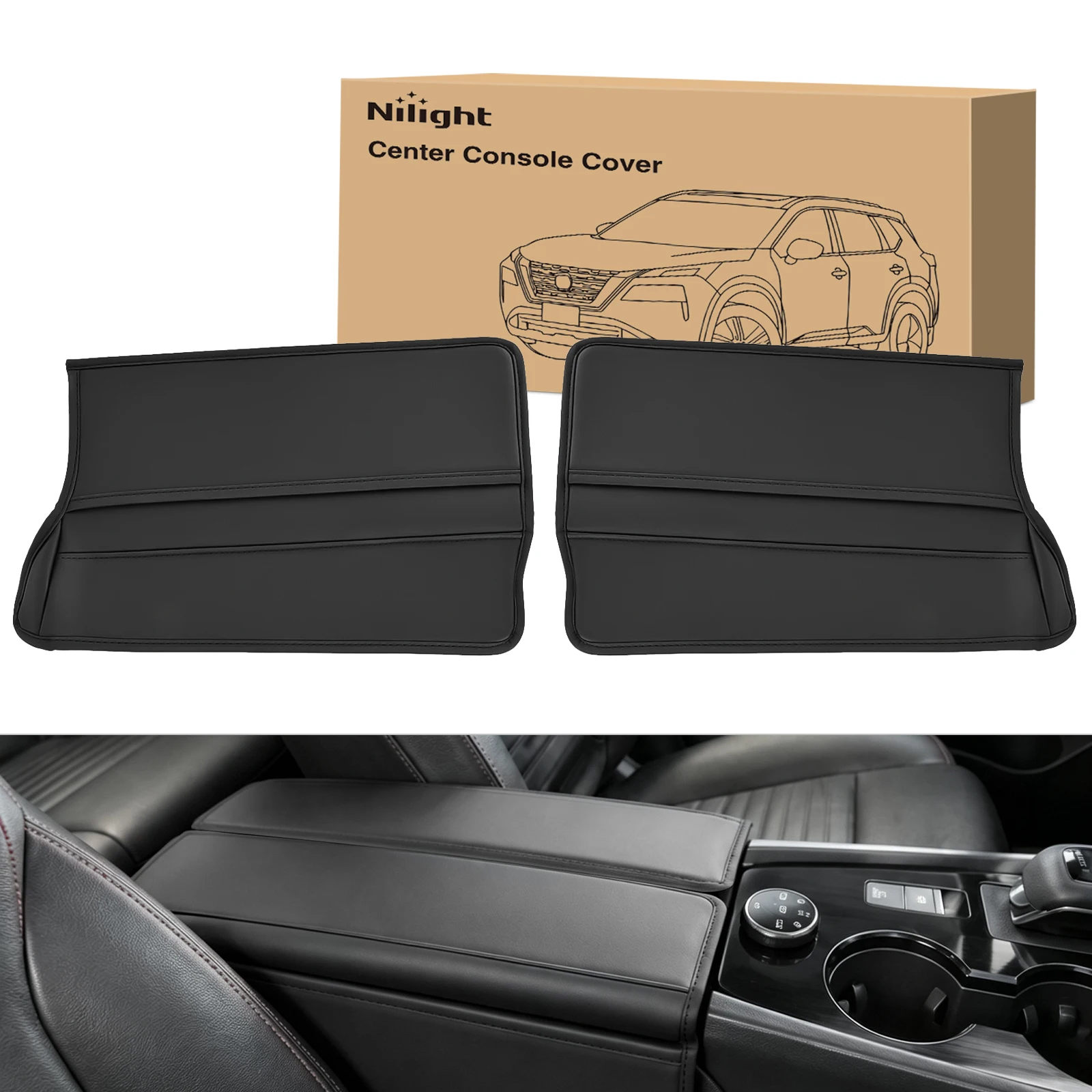 Nilight Center Console Cover Fit for Nissan Rogue 2021-2026 and 2013-2018 Nissan Altima, Waterproof Leather Armrest Cover, Middle Arm Rest Cushion Pad with Side Storage Pocket, Interior Accessories, Anti-Scratch Protector, Black