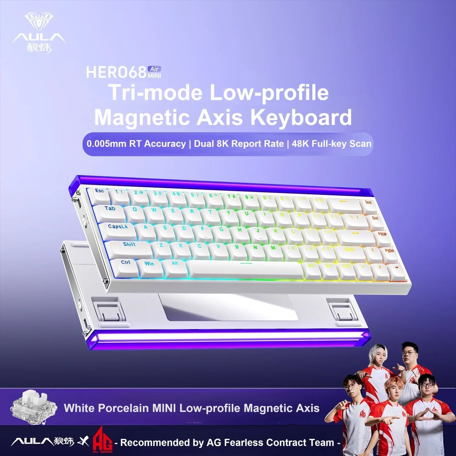 AULA HERO 68 Air Mini Magnetic Switch Keyboard Tri-Mode BT5.4 2.4GWireless Wired 8K Polling Rate Low Latency RGB Gaming Keyboard
