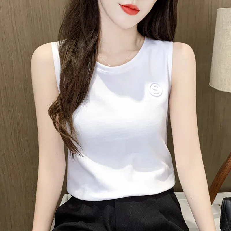 

White Strapl Cotton Tank Top Women's Slim Fit Summer New Sle round Ne Svel irt Inner Wear Outer Wear