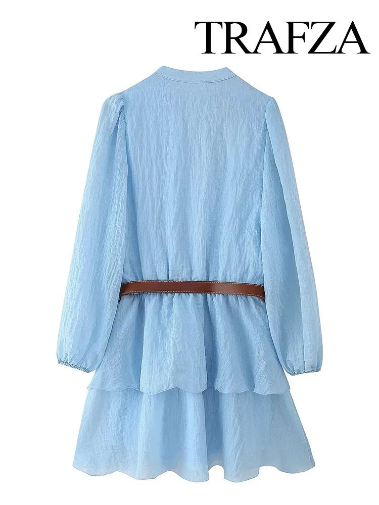 TRAFZA Women's Dress V-neck Laminated Decoration Long Sleeve Dresses Summer Female Chic Single Breasted With Belt Solid Dress
