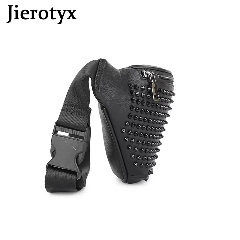 JIEROTYX Personality Leather Fanny Pack Vintage Rivet Waist Chest Bags Pouch Studded Belt Bag for Women Gothic Style