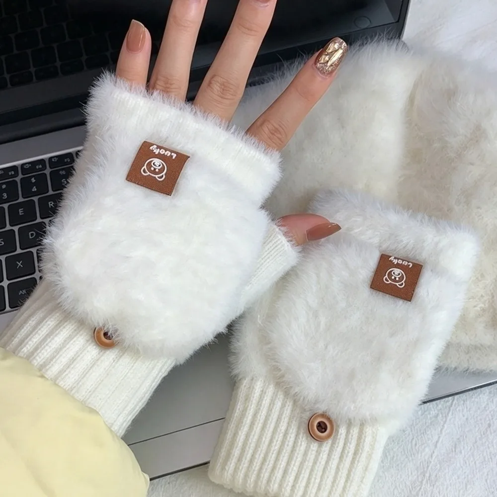 Korean Style Soft Plush Flip Cover Gloves Touch Screen Warm Half Finger Gloves Bear Cartoon Convertible Mittens Outdoor