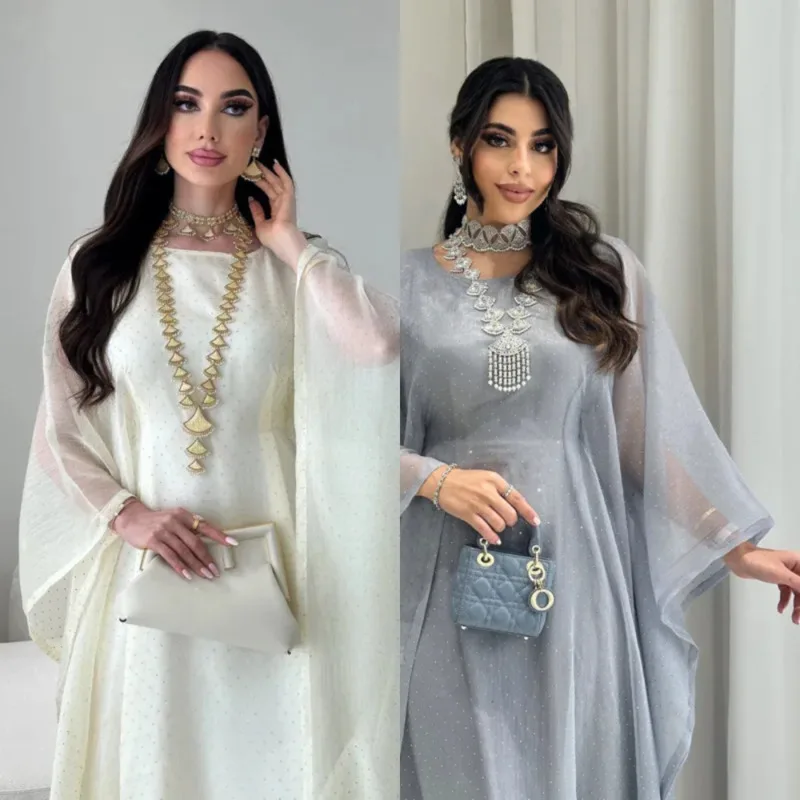

Muslim Bat-Sleeve Maxi Dress Elegant Crystal-Embellished Maxi Dress Ramadan Abaya For Women Plain Solid-Colored Pullover Dress