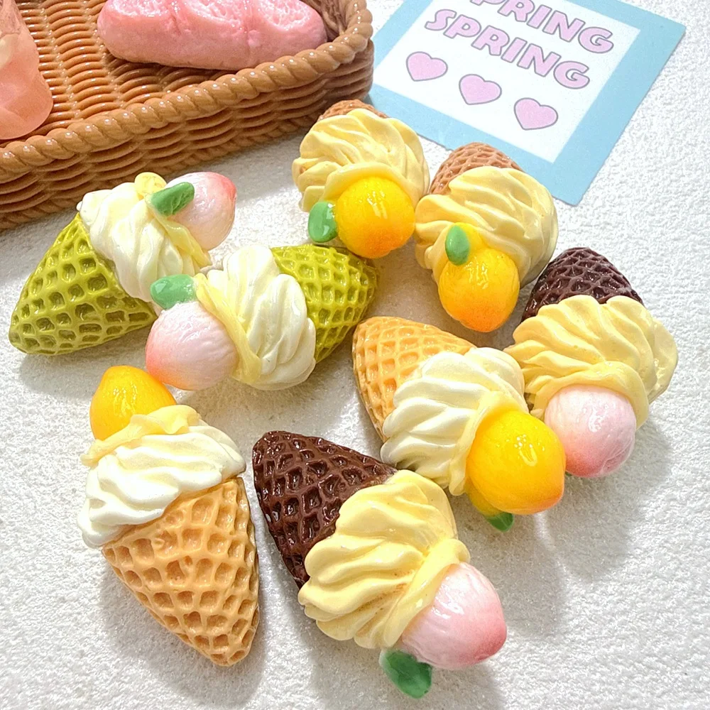 5pcs Simulation 3D peach cream ice cream cone resin decorative accessories diy handmade Creative keychain bag hanger accessory