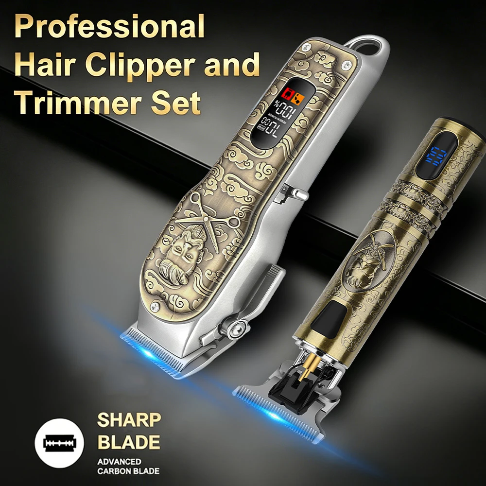 HIENA 3in1 Vintage Hair Clipper Kit Rechargeable Barber T-Trimmer Shaver Guards Cape Comb Salon Men