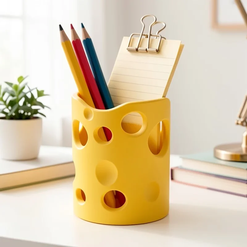 Fun design decoration cheese pen holder desktop decoration cheese style storage rack with divided yellow cheese storage rack