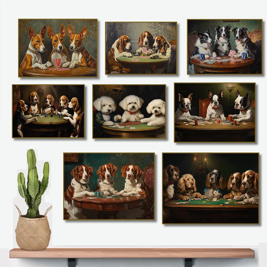 Mastiff Corgi French Bulldogs Playing Cards Poster Art Canvas Painting Print, Dog Cat Poker Humor Wall Art Picture Home Decor