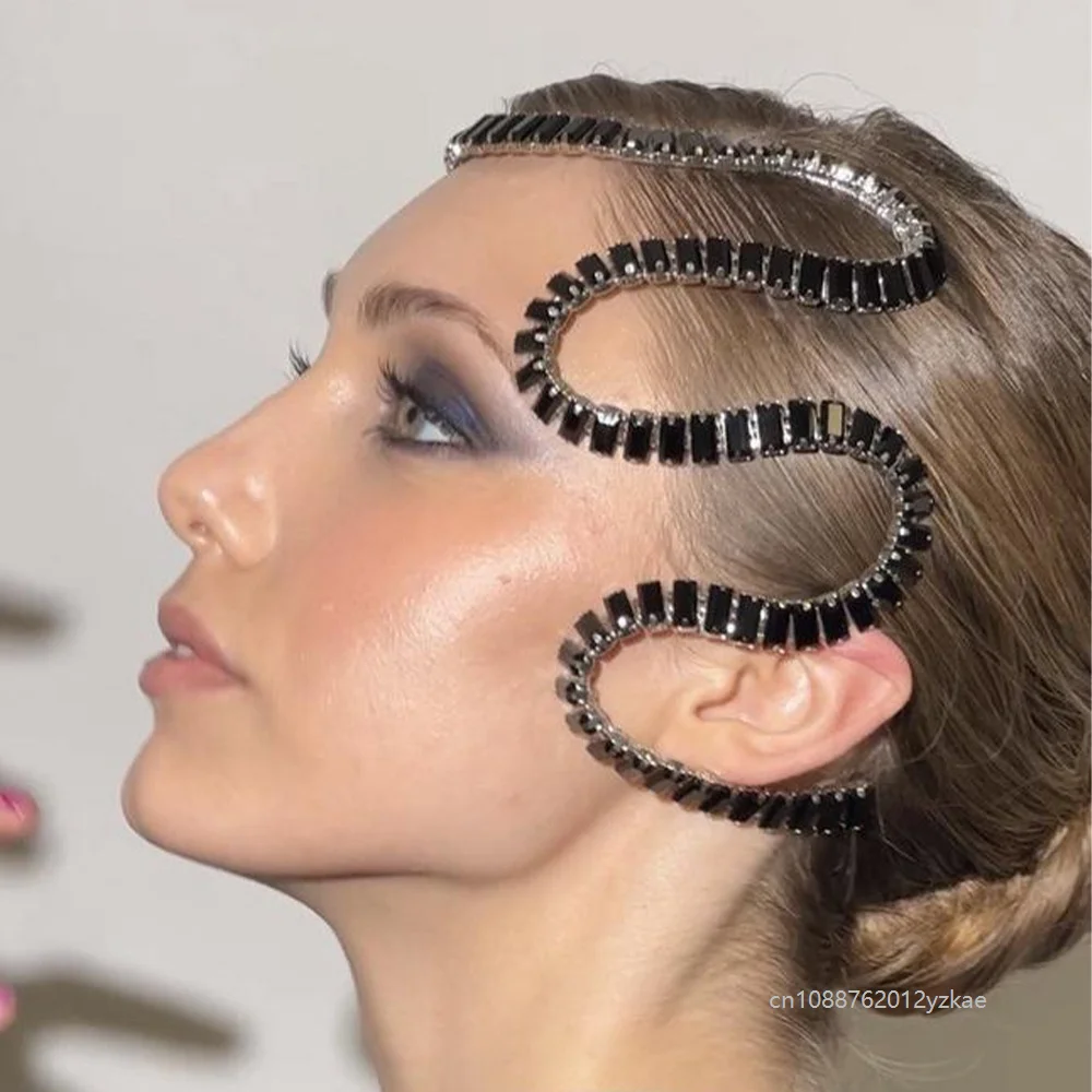 Snake Bend Rhinestone Headband Chain Masquerade Hair cosplay Accessories Fashion Black Crystal Headpiece Tiara Party for Women