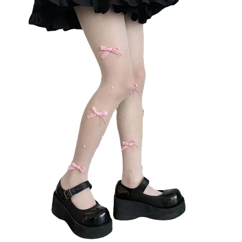 

Women Silky Sheer Pantyhose Japanese Sweet Bowknot Pearl Tights